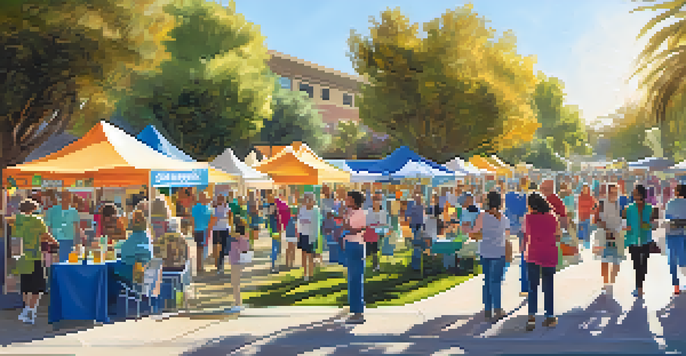 A lively community health fair with diverse residents participating in various health activities under sunny trees.