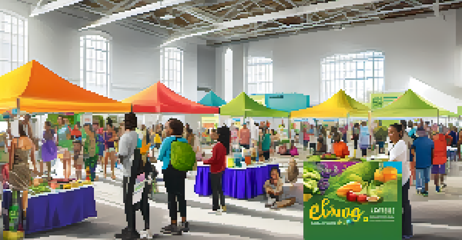 A lively health and wellness fair at a community center with booths displaying health products and attendees interacting.