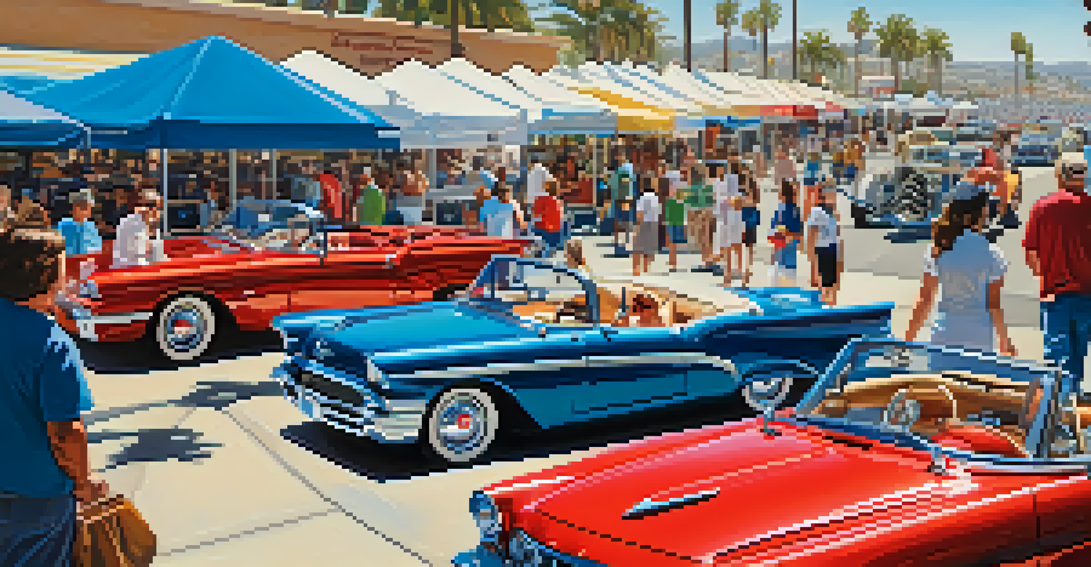 A lively scene of classic cars showcased at the Carlsbad Classic Car Show with people admiring the vehicles.