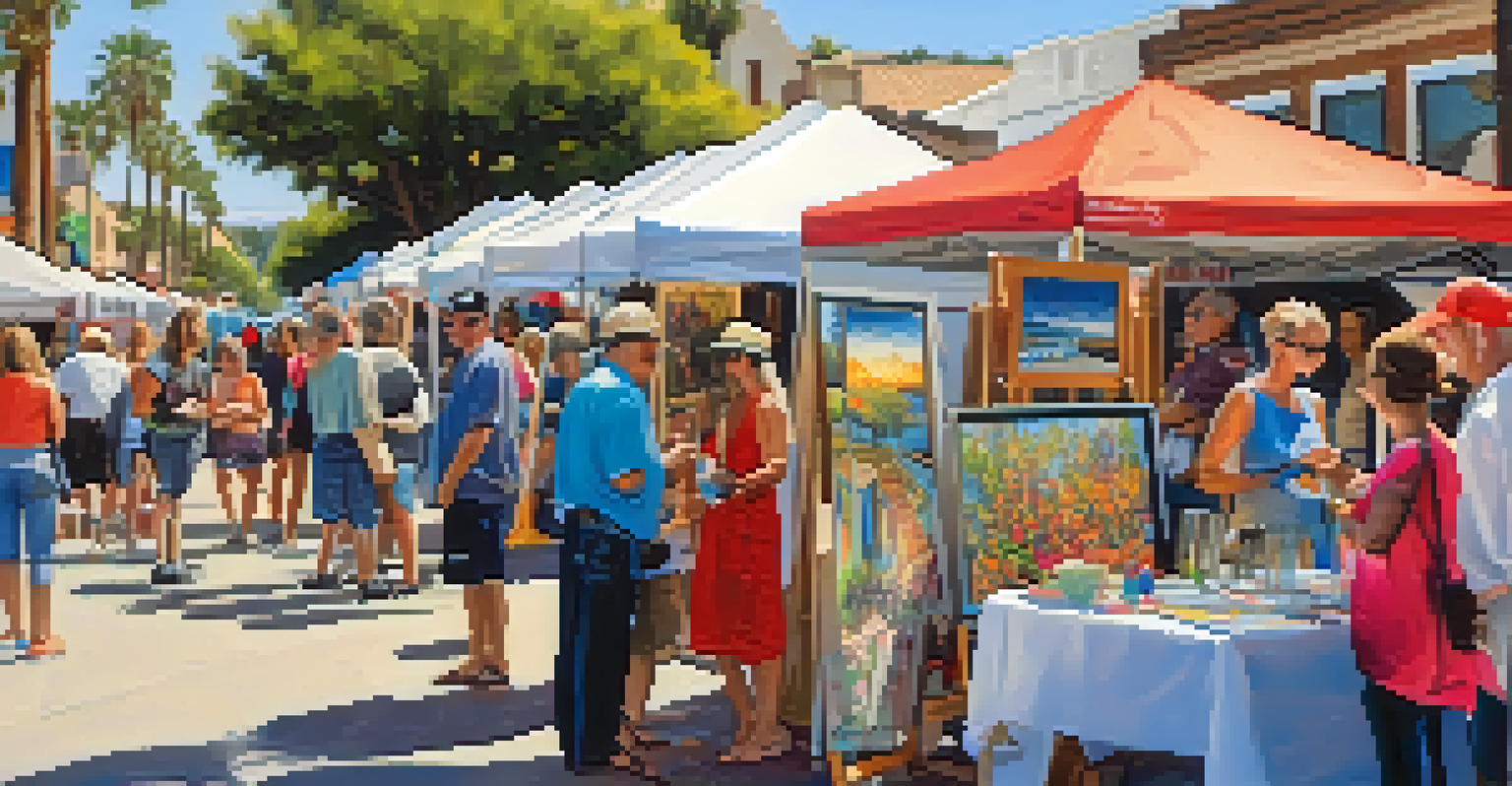 An outdoor art festival in Carlsbad with artists displaying their work and visitors enjoying the vibrant atmosphere.