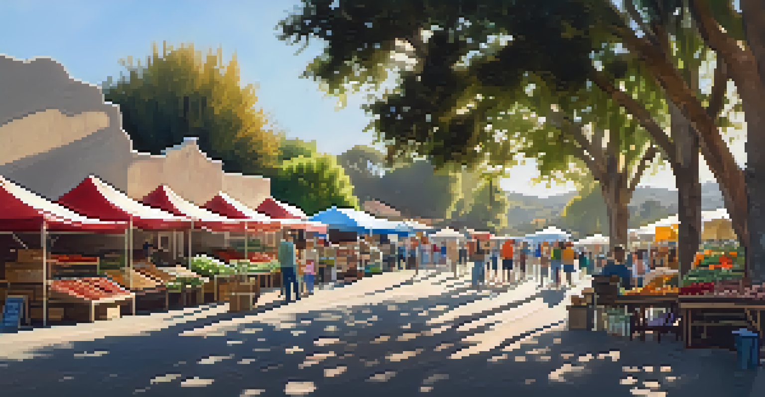 Families shopping at a farmers' market with colorful stalls and trees, creating a warm community vibe.