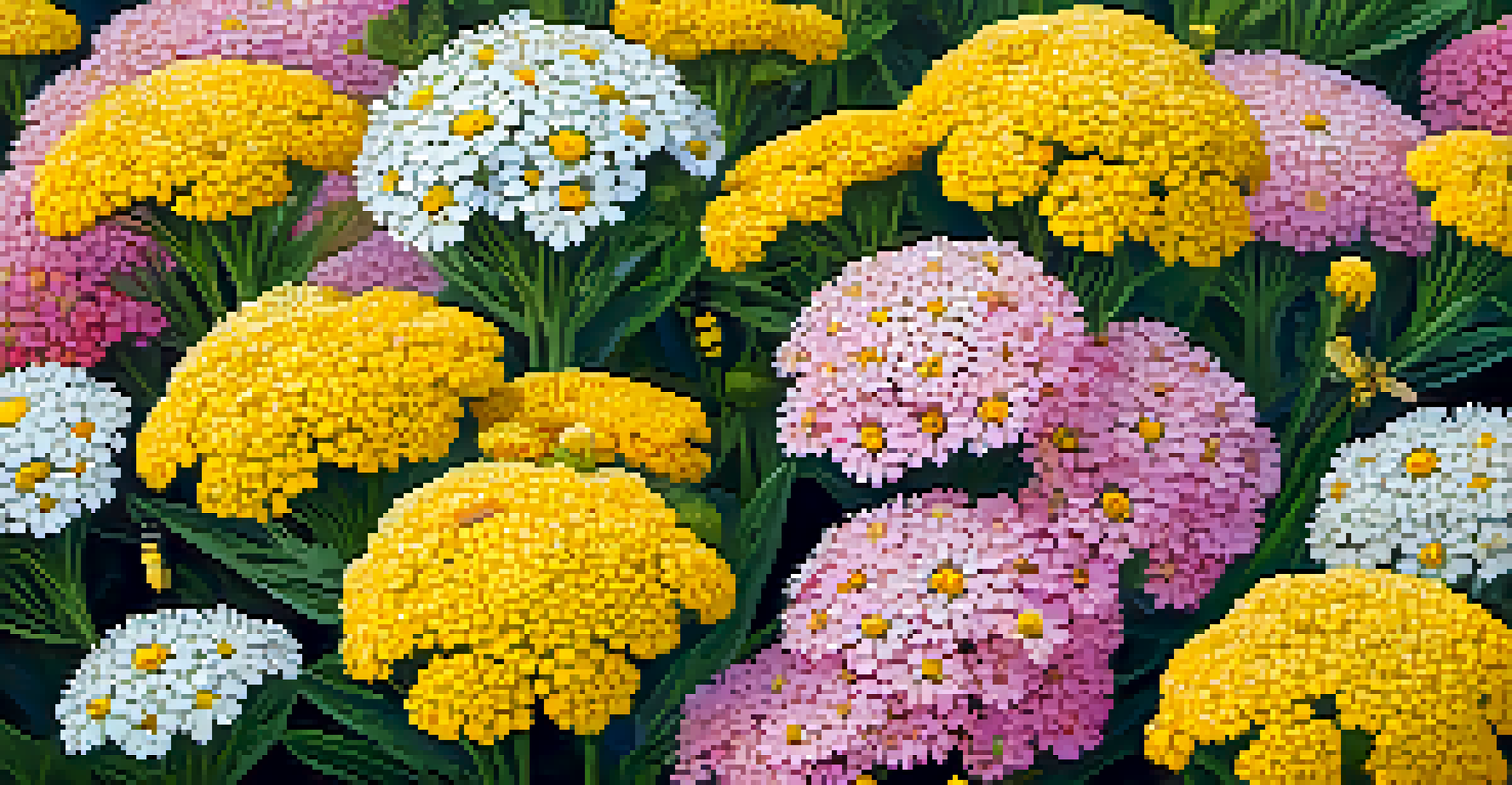 A close-up shot of Yarrow flowers in various colors with feathery leaves and beneficial insects resting on them, set against a soft garden background.