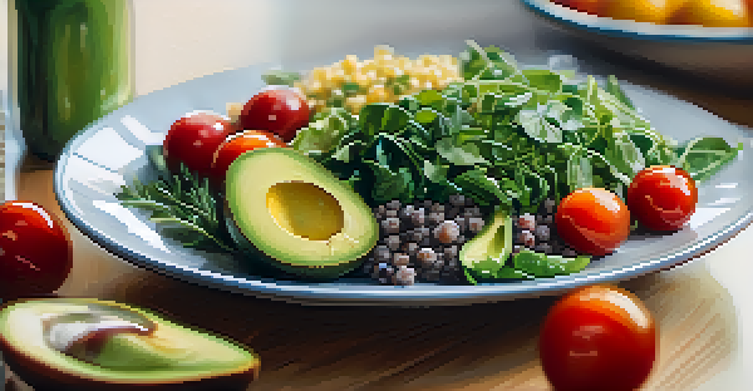 A close-up of a healthy dish with quinoa, greens, tomatoes, and avocado, with participants in a nutrition workshop blurred in the background.