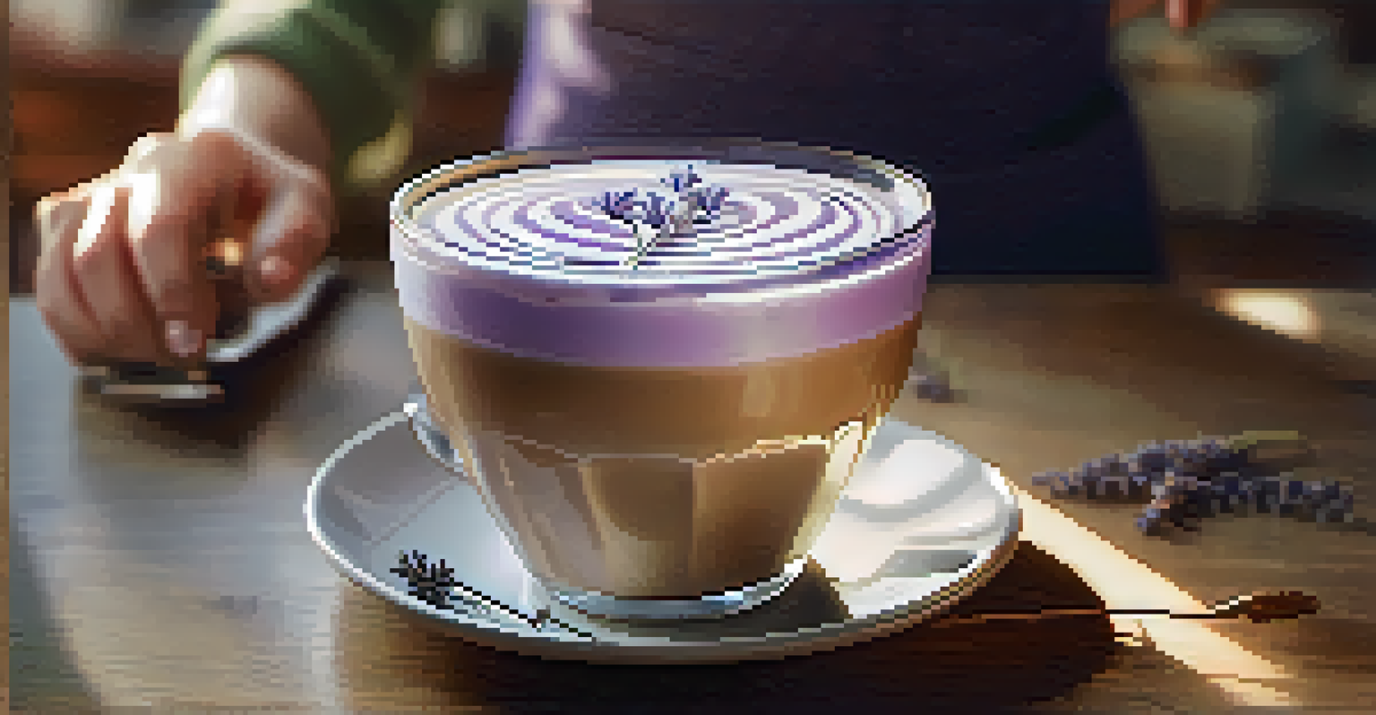 A barista making a lavender latte with latte art, featuring fresh lavender on a rustic wooden table in a cozy café.