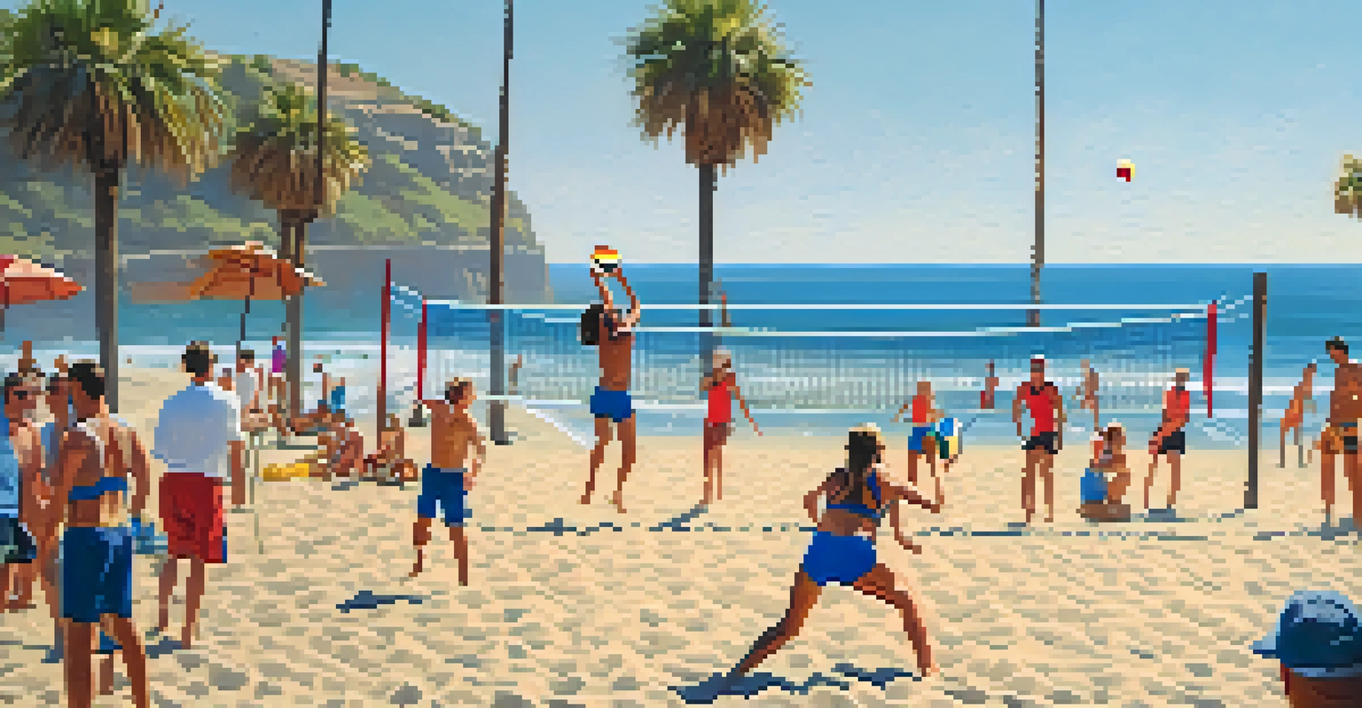 Beach volleyball action at South Carlsbad State Beach, players jumping to hit the ball with the ocean and palm trees in the background.