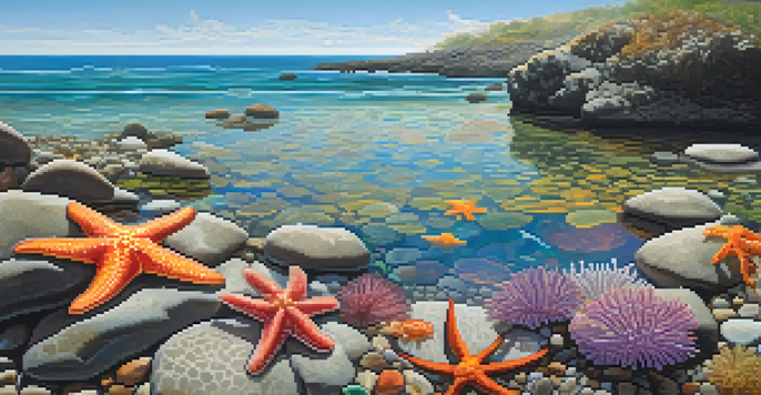 A close-up view of a tide pool filled with colorful sea stars, anemones, and crabs, with sunlight illuminating the water and rocks.