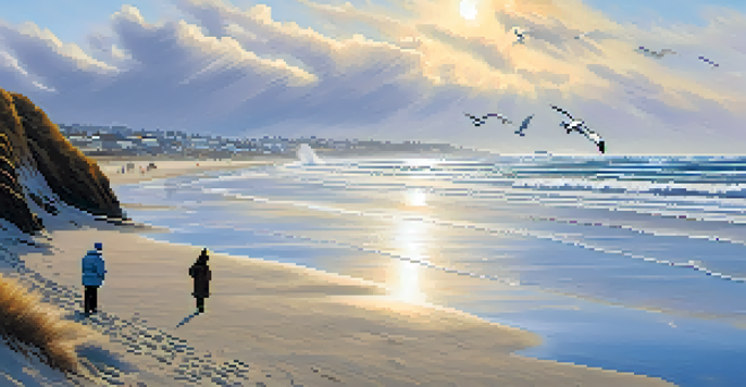A winter beach scene featuring a breaching gray whale, snowy seabirds, and birdwatchers in warm jackets on the shore.