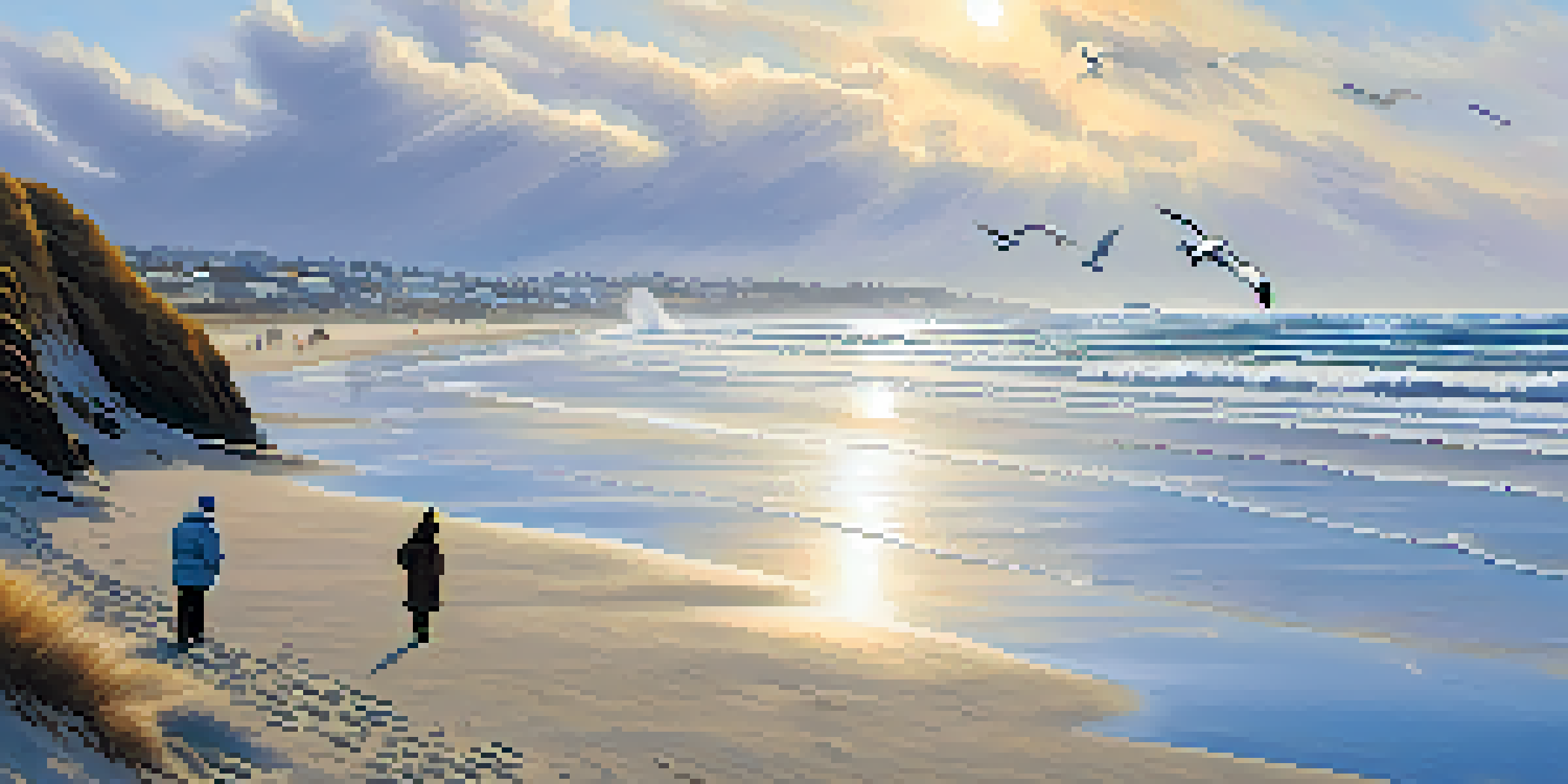 A winter beach scene featuring a breaching gray whale, snowy seabirds, and birdwatchers in warm jackets on the shore.