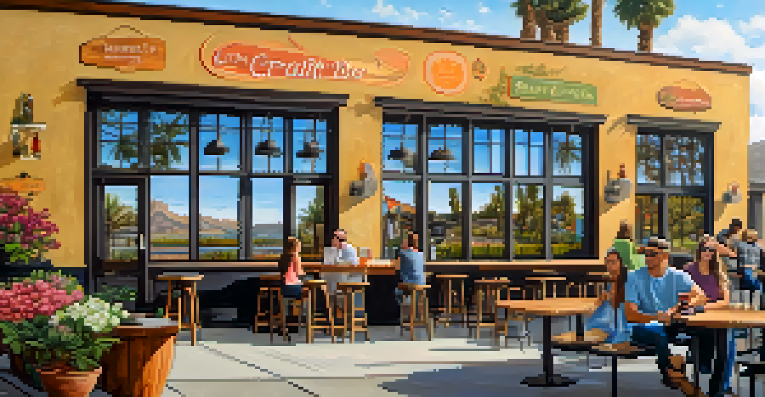 A local brewery in Carlsbad with murals and outdoor seating, showing patrons enjoying drinks and blooming plants.