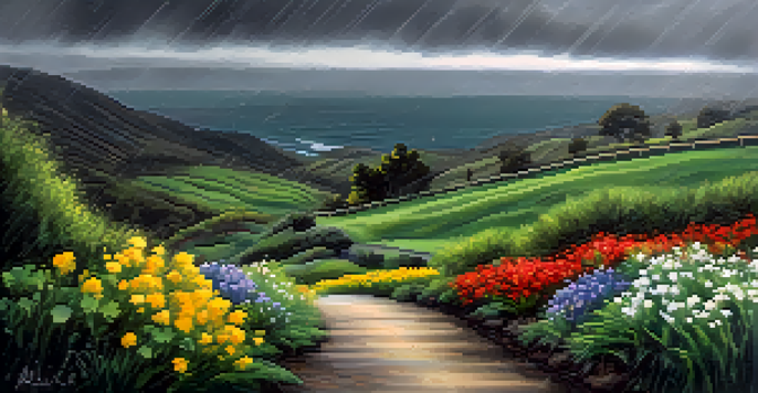 A picturesque scene of Carlsbad on a rainy day, with green hills and flowers under dark clouds, showing a winding path and falling raindrops.