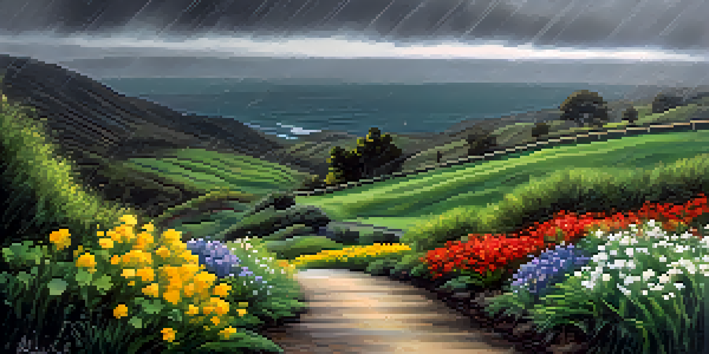 A picturesque scene of Carlsbad on a rainy day, with green hills and flowers under dark clouds, showing a winding path and falling raindrops.