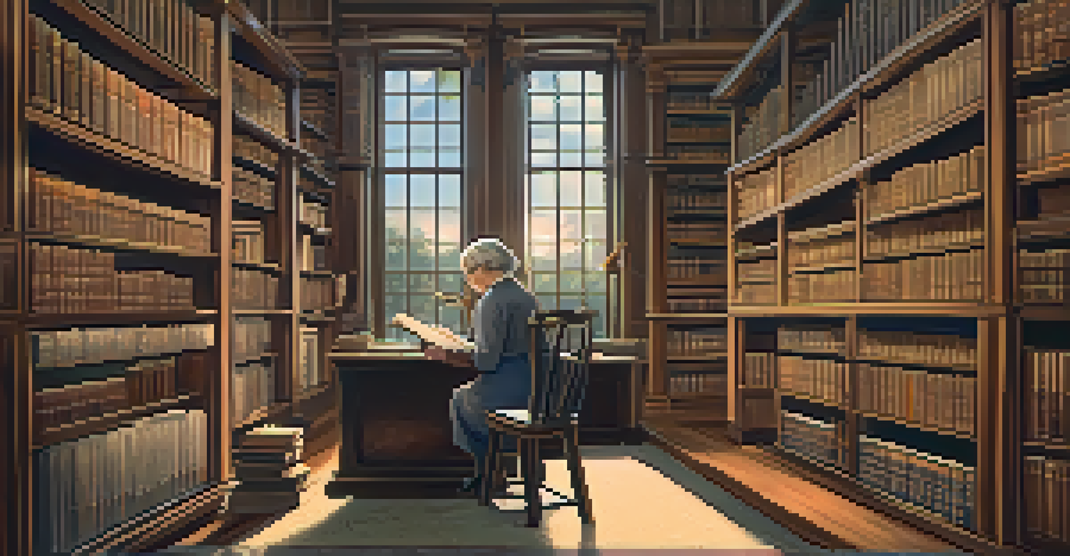 A cozy historical research library in Carlsbad with wooden shelves and a researcher examining old documents.