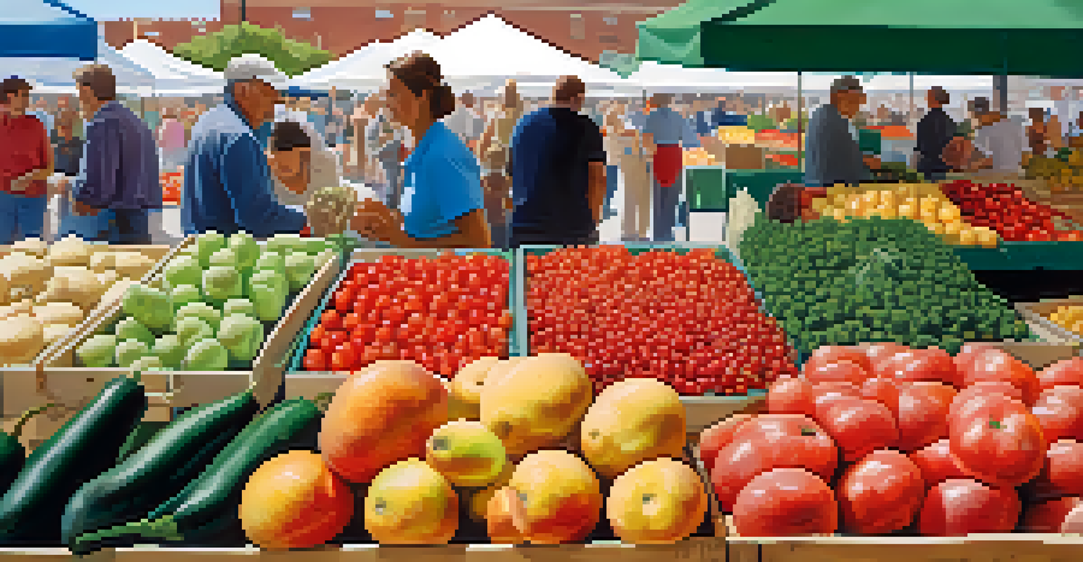 A close-up view of a vendor's table showcasing fresh fruits and vegetables in a farmers market.