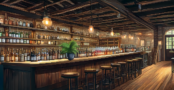 A colorful craft distillery interior in Carlsbad with patrons enjoying a tasting session, shelves filled with spirits, and a distiller explaining the process.