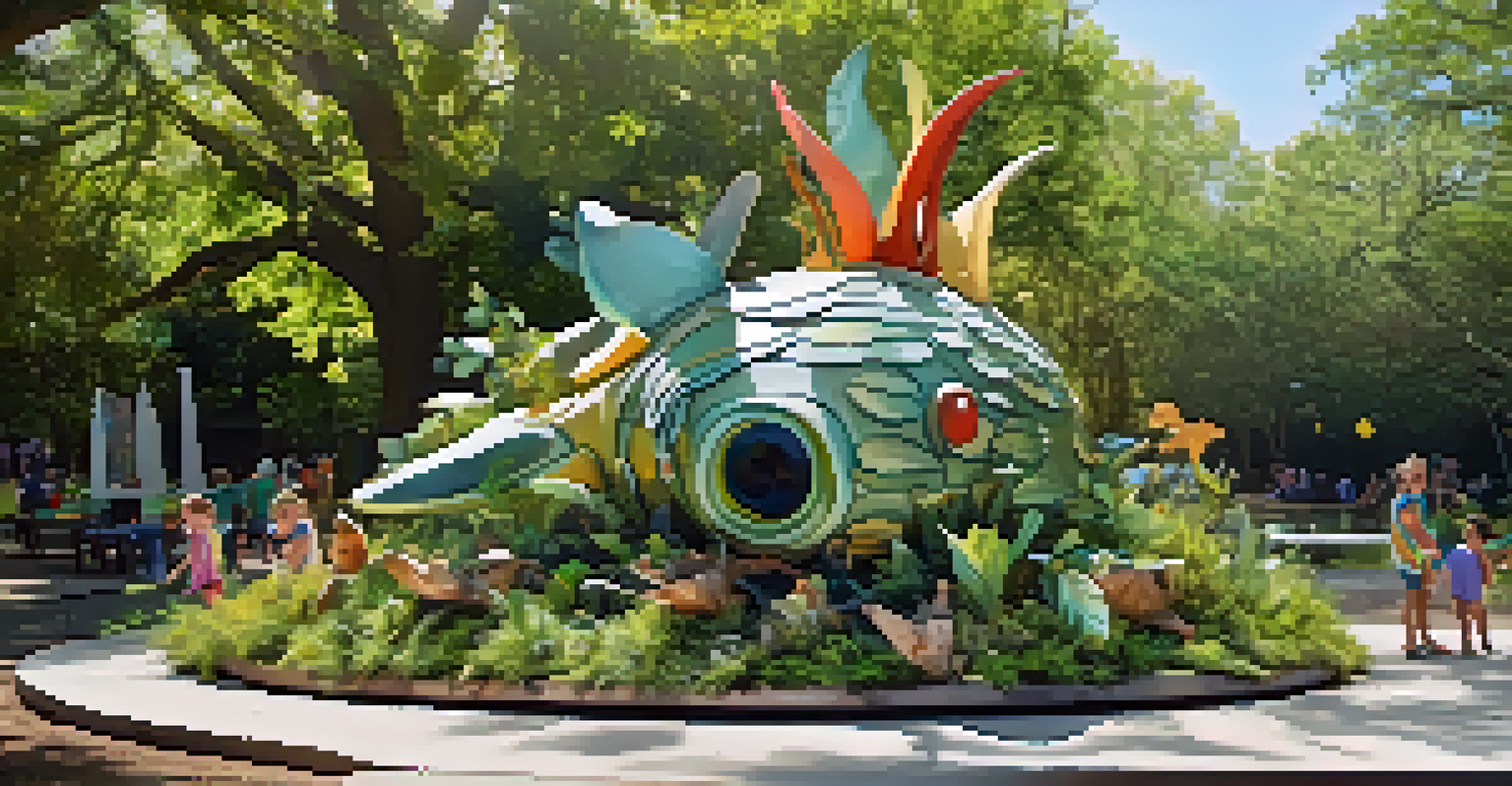 A whimsical sculpture of a sea creature made from recycled materials, with children playing around it in a sunny park setting.