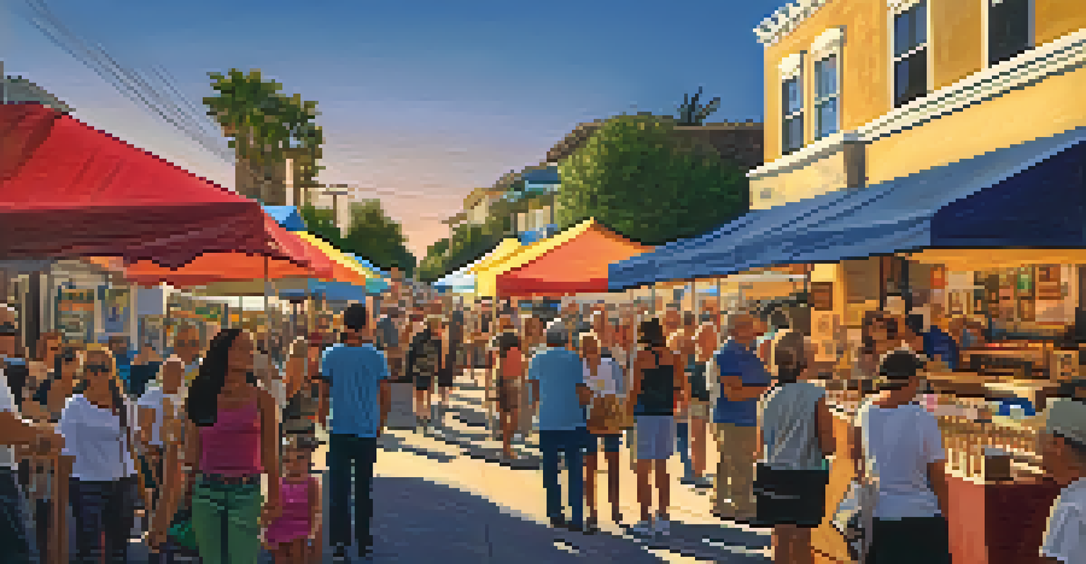 A vibrant outdoor art festival in Carlsbad with visitors exploring booths and enjoying performances under a sunset sky.