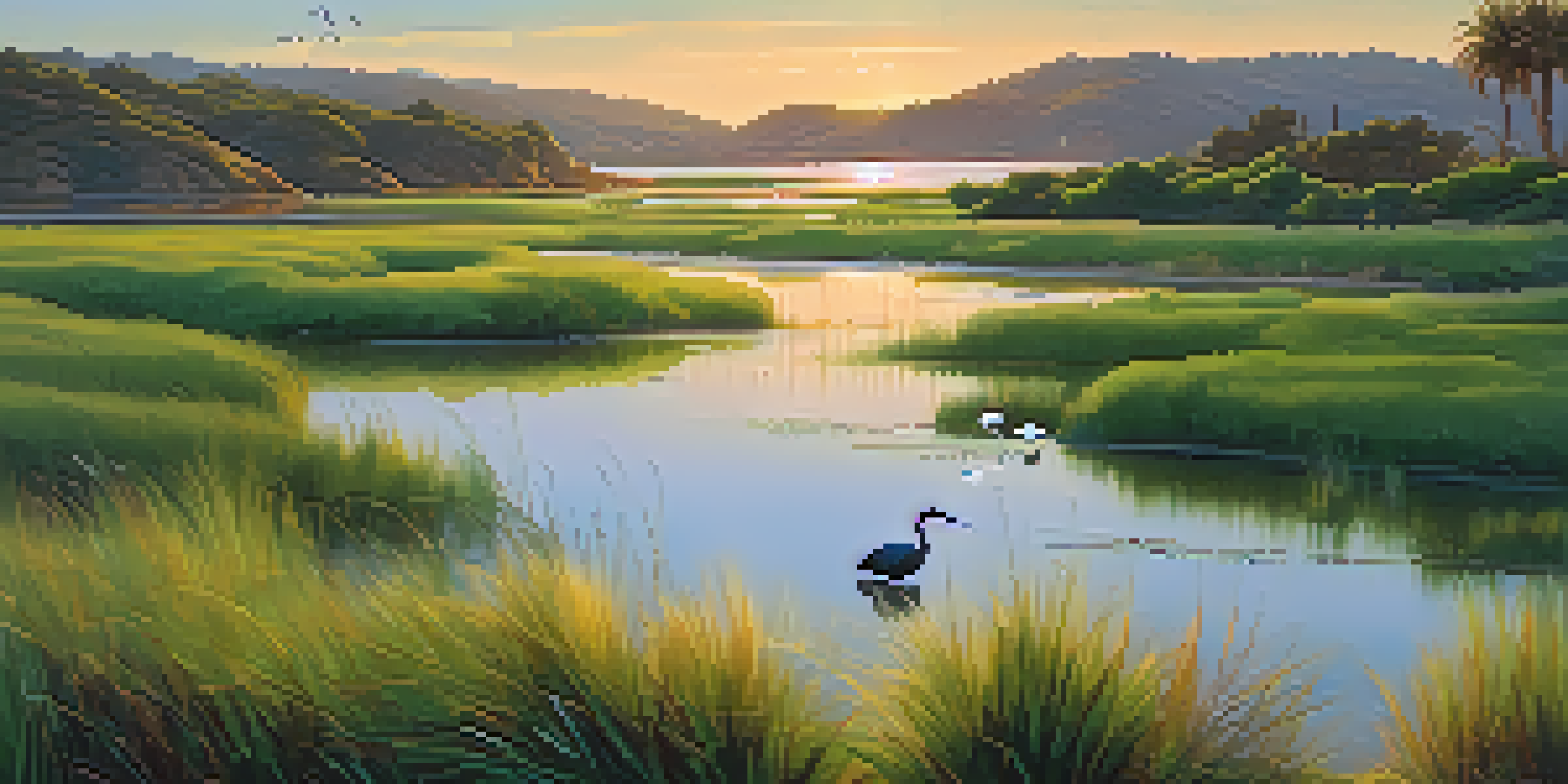 A tranquil lagoon scene at sunset with colorful reflections, marsh grasses, and various birds.