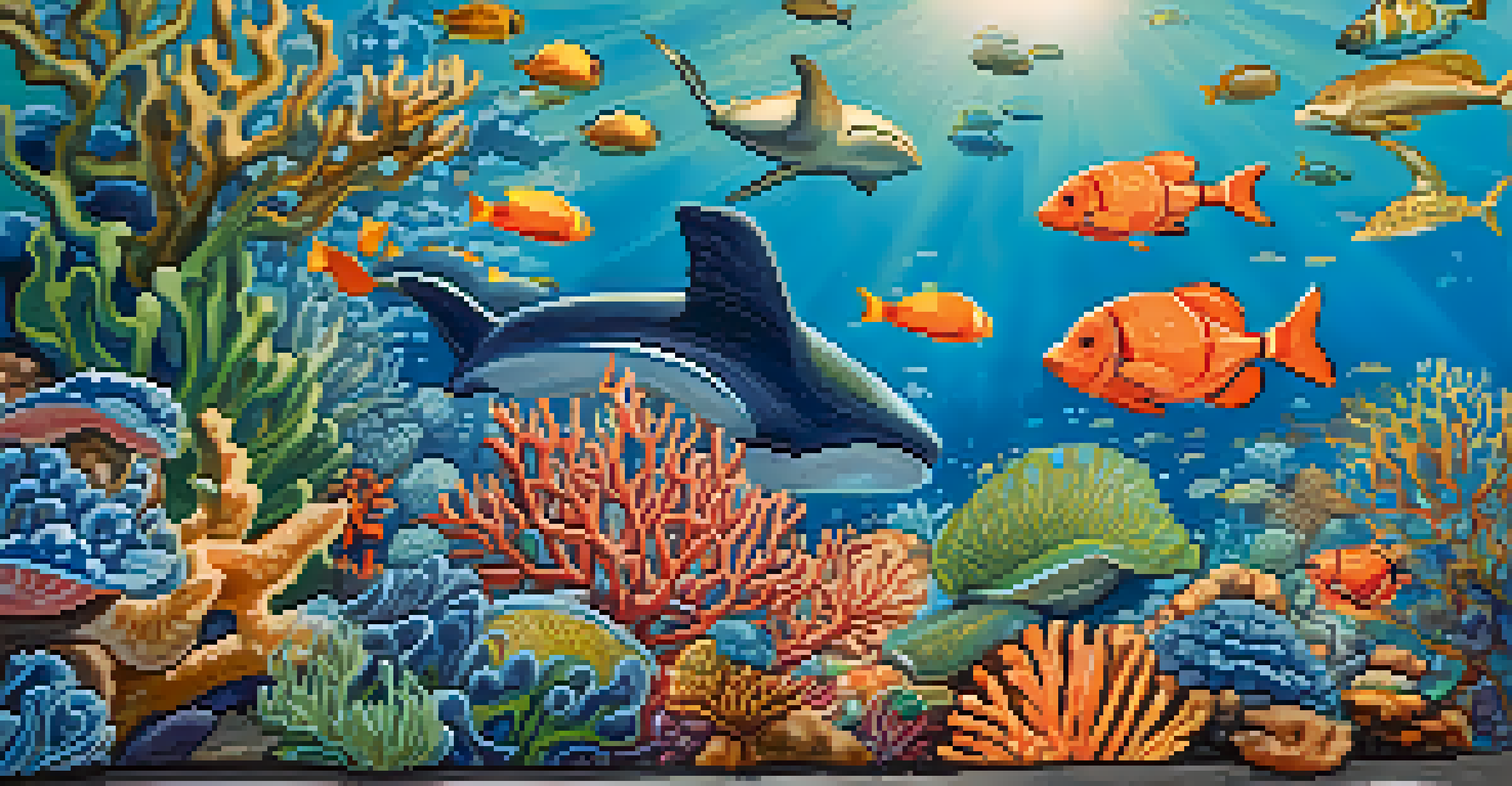 A detailed mural depicting marine life in bright colors on a building wall.