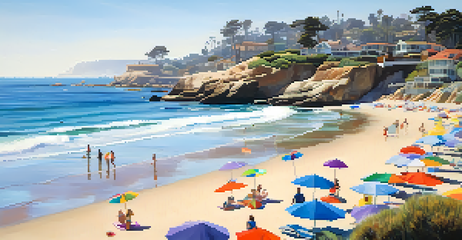 A serene beach view at La Jolla Shores with sunbathers and sea lions.