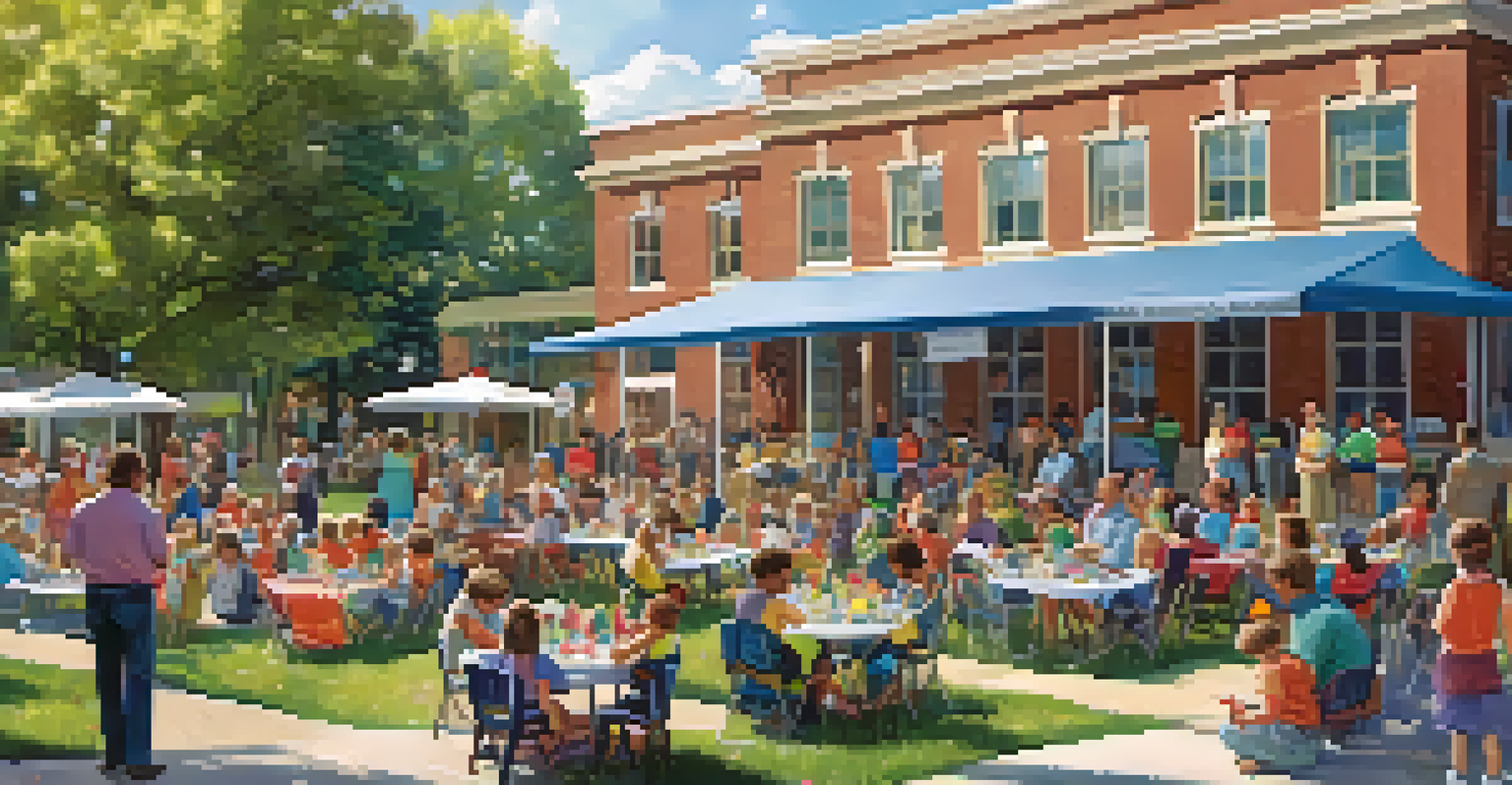 A vibrant outdoor community event at a public library with families, storytelling sessions, and local artists showcasing their work.