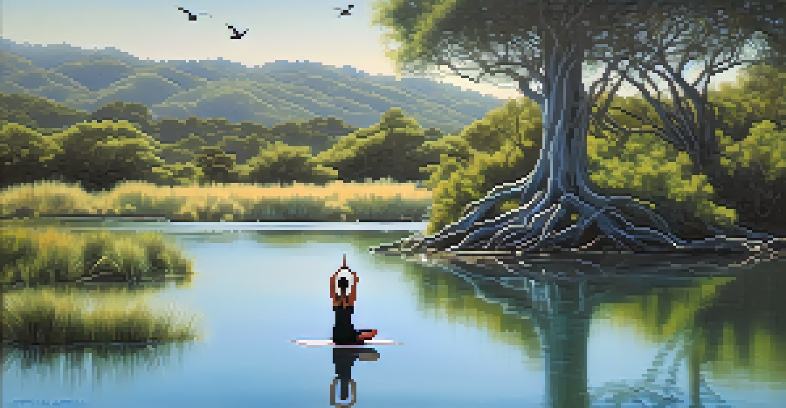 A person practicing yoga in tree pose by a lagoon, with lush plants and birds in the background.