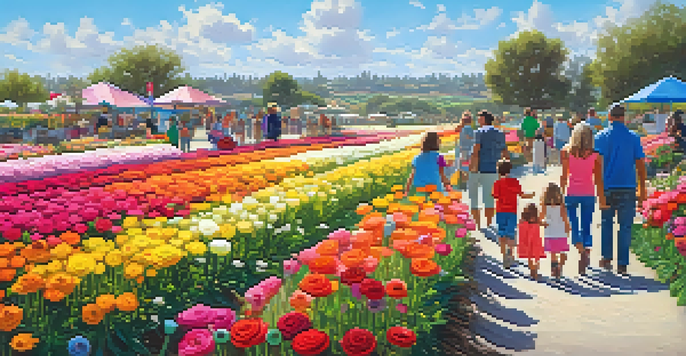 A family enjoying a picnic amidst colorful ranunculus flowers in the Annual Flower Fields, with children playing in the background on a sunny day.