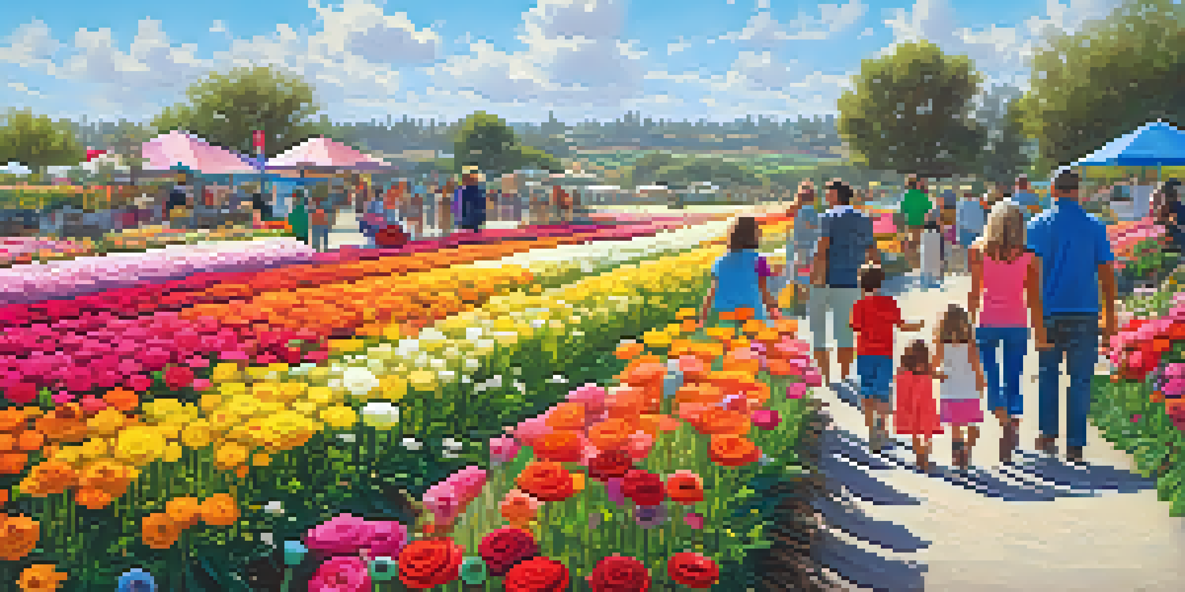 A family enjoying a picnic amidst colorful ranunculus flowers in the Annual Flower Fields, with children playing in the background on a sunny day.