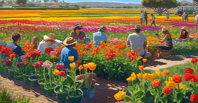 A colorful outdoor scene at The Flower Fields in Carlsbad, with blooming flowers and visitors engaging in photography and sketching.
