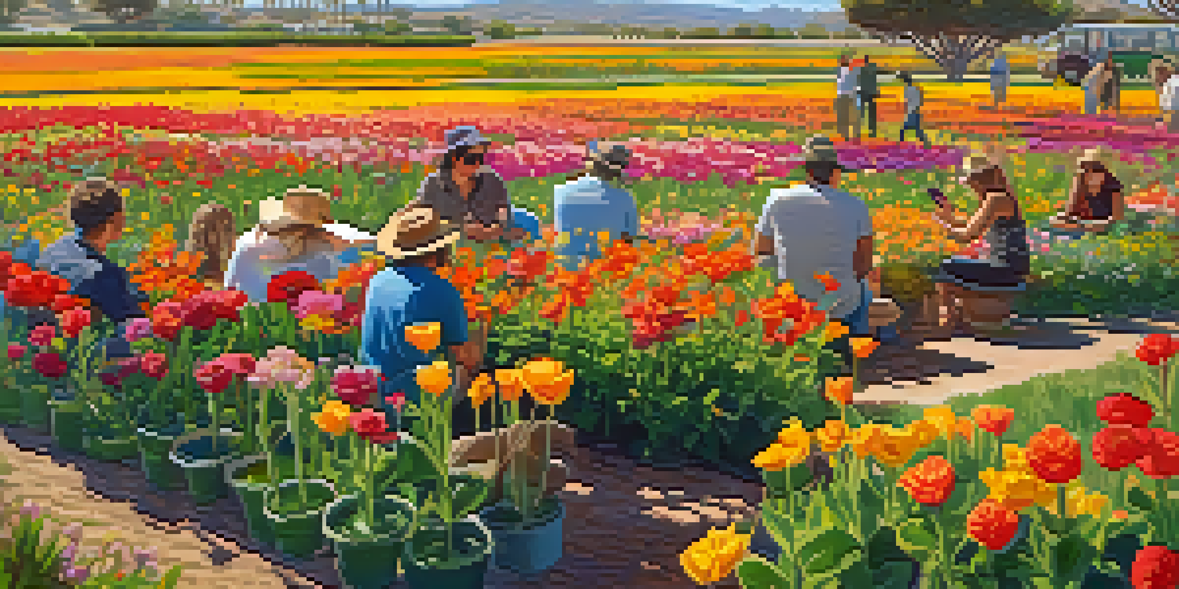 A colorful outdoor scene at The Flower Fields in Carlsbad, with blooming flowers and visitors engaging in photography and sketching.