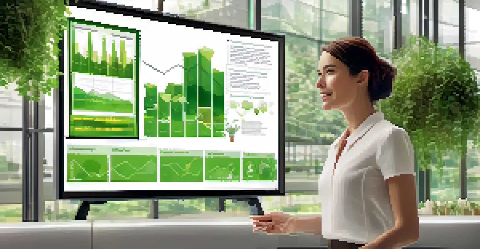 A close-up of a tech entrepreneur presenting an eco-friendly product in a modern setting with sustainability graphics in the background.