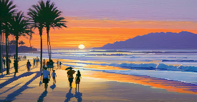 A peaceful sunset at South Ponto Beach with colorful skies and families picnicking on the sand.