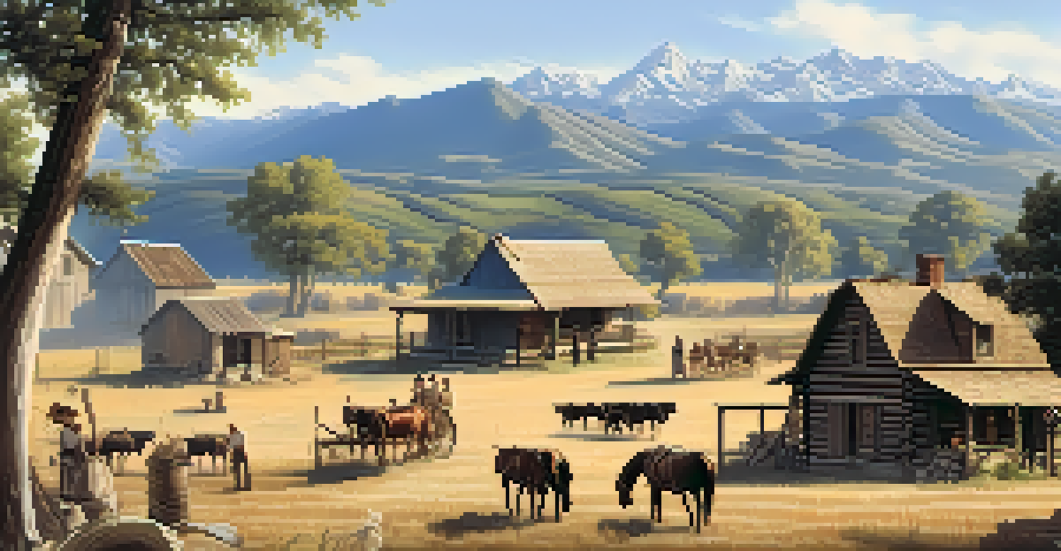 A historical depiction of early pioneers in Carlsbad, featuring a homestead and farmland with settlers working in the background.
