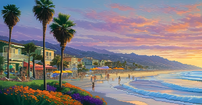 A scenic sunset view over Carlsbad's coastline, with colorful skies and people relaxing on the beach.