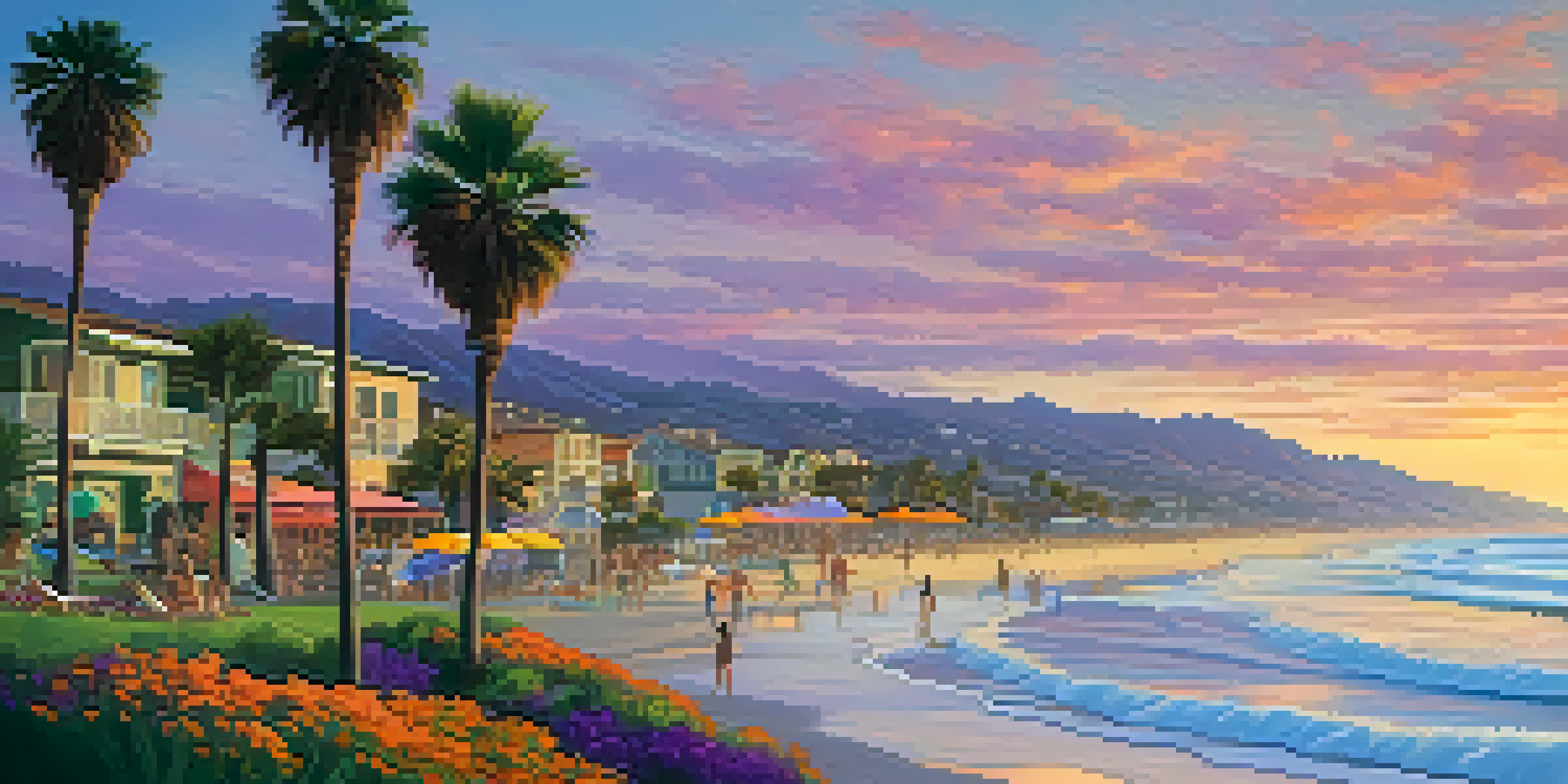 A scenic sunset view over Carlsbad's coastline, with colorful skies and people relaxing on the beach.