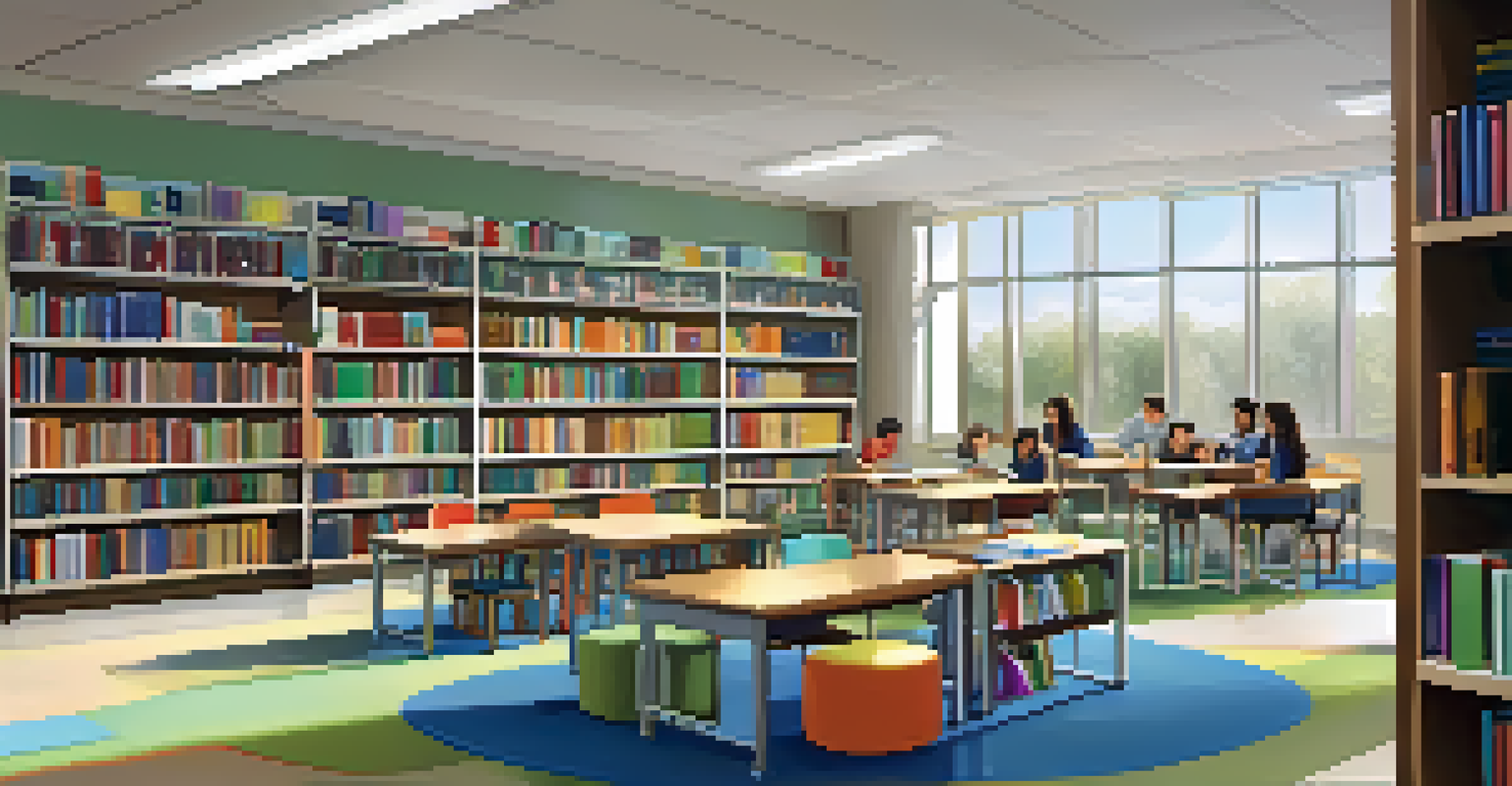 A peaceful school library where students are reading and studying, with a teacher assisting them, surrounded by books and natural light.