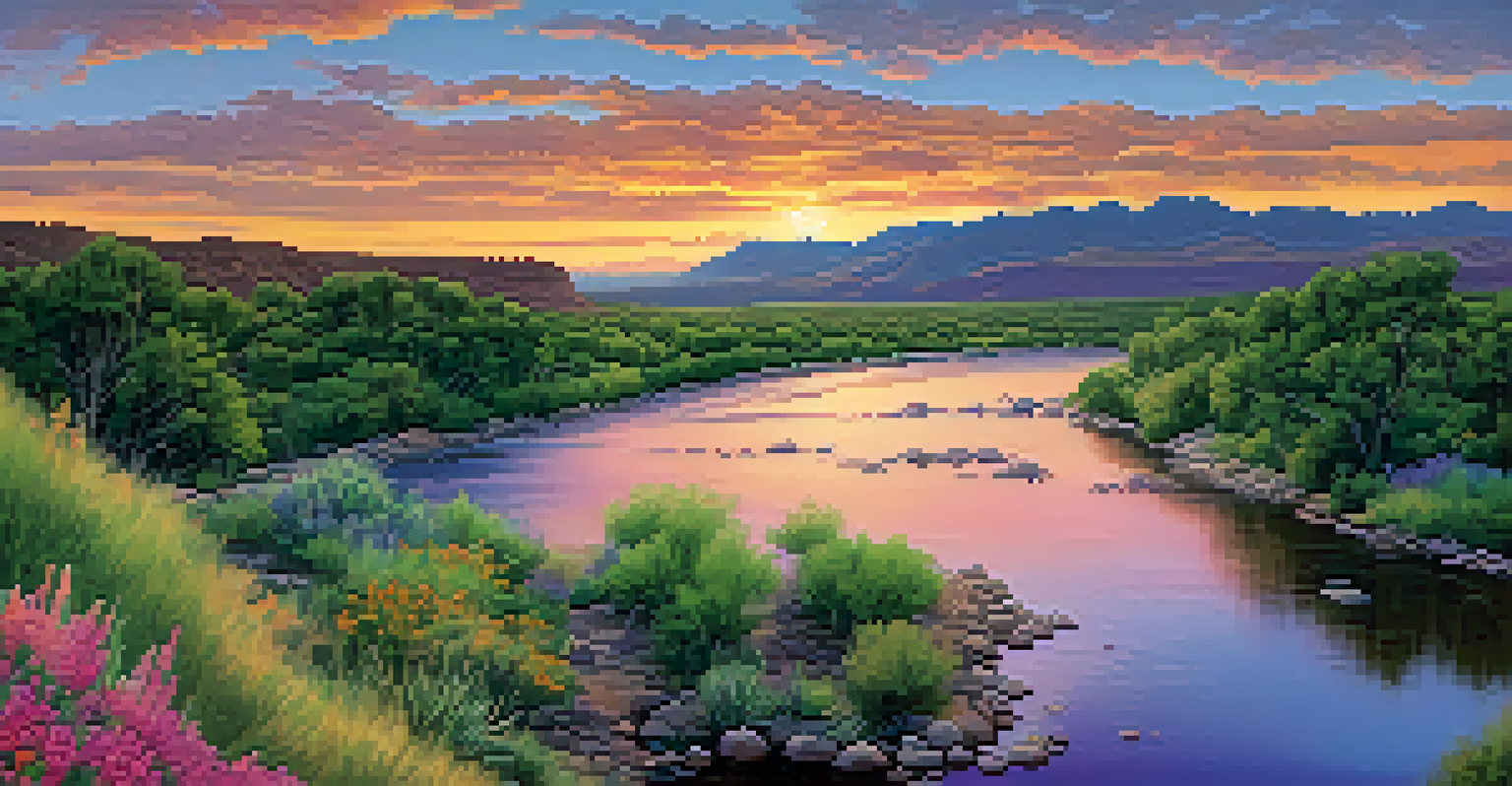 The Pecos River at sunset, reflecting vibrant colors with native plants and people kayaking.