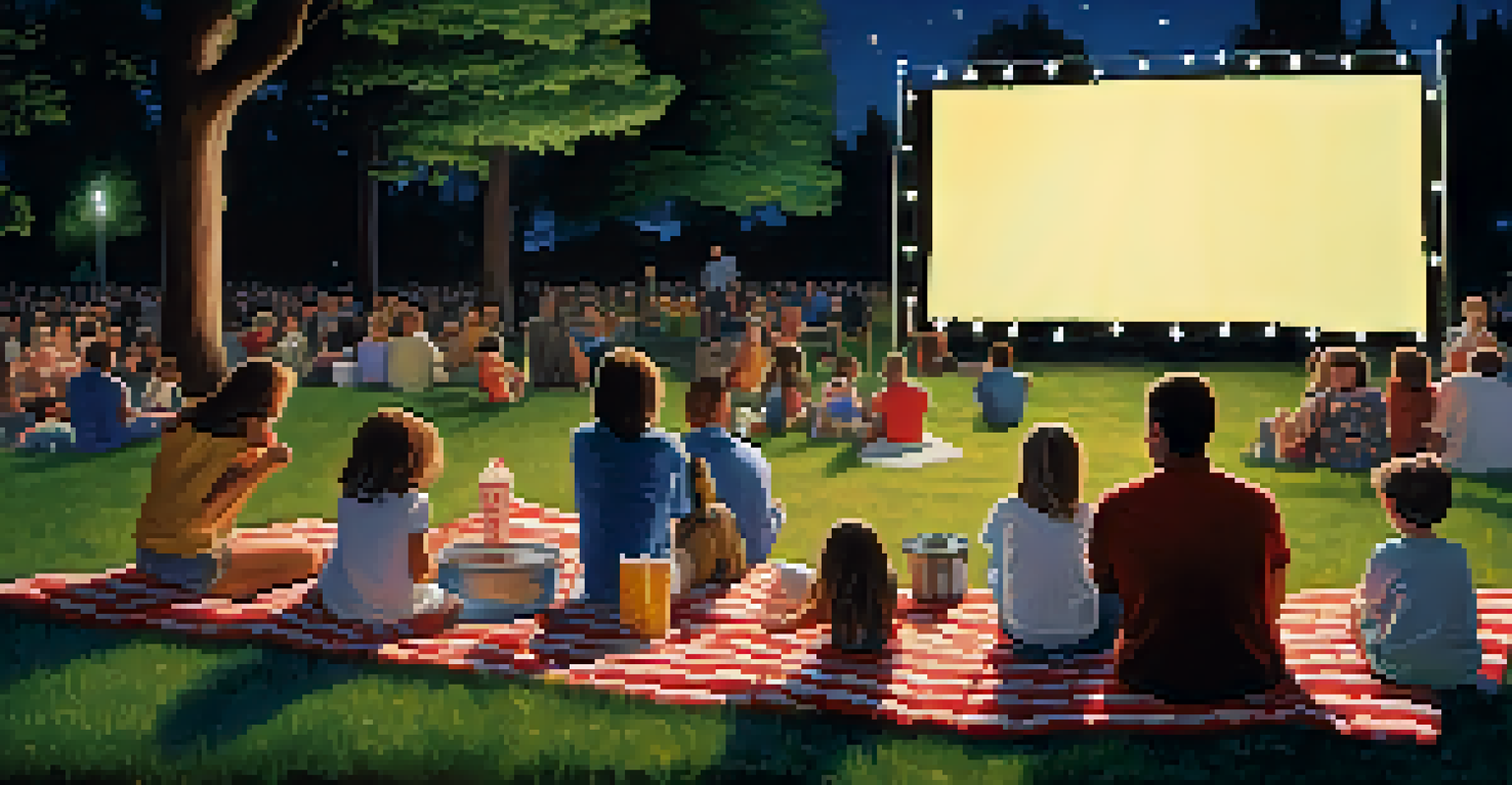 Families enjoying an outdoor movie night in a park, with a large screen and picnic blankets under a starry sky.