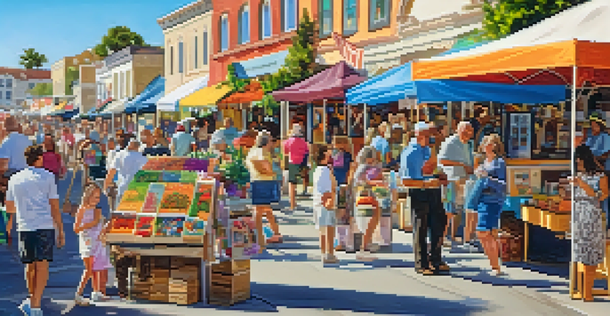A bustling street fair in Carlsbad with colorful vendor booths, families enjoying the day, and musicians performing.