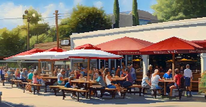 An outdoor brewery scene with people enjoying craft beers at picnic tables, food trucks in the background, and a band playing music under sunny skies.