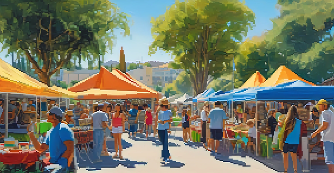 A lively outdoor cultural festival in Carlsbad with colorful tents, local artisans, and families enjoying performances under a bright blue sky.