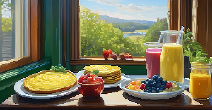 A cozy breakfast scene showcasing fresh organic dishes, including a veggie omelet and smoothie, in a brightly lit cafe.