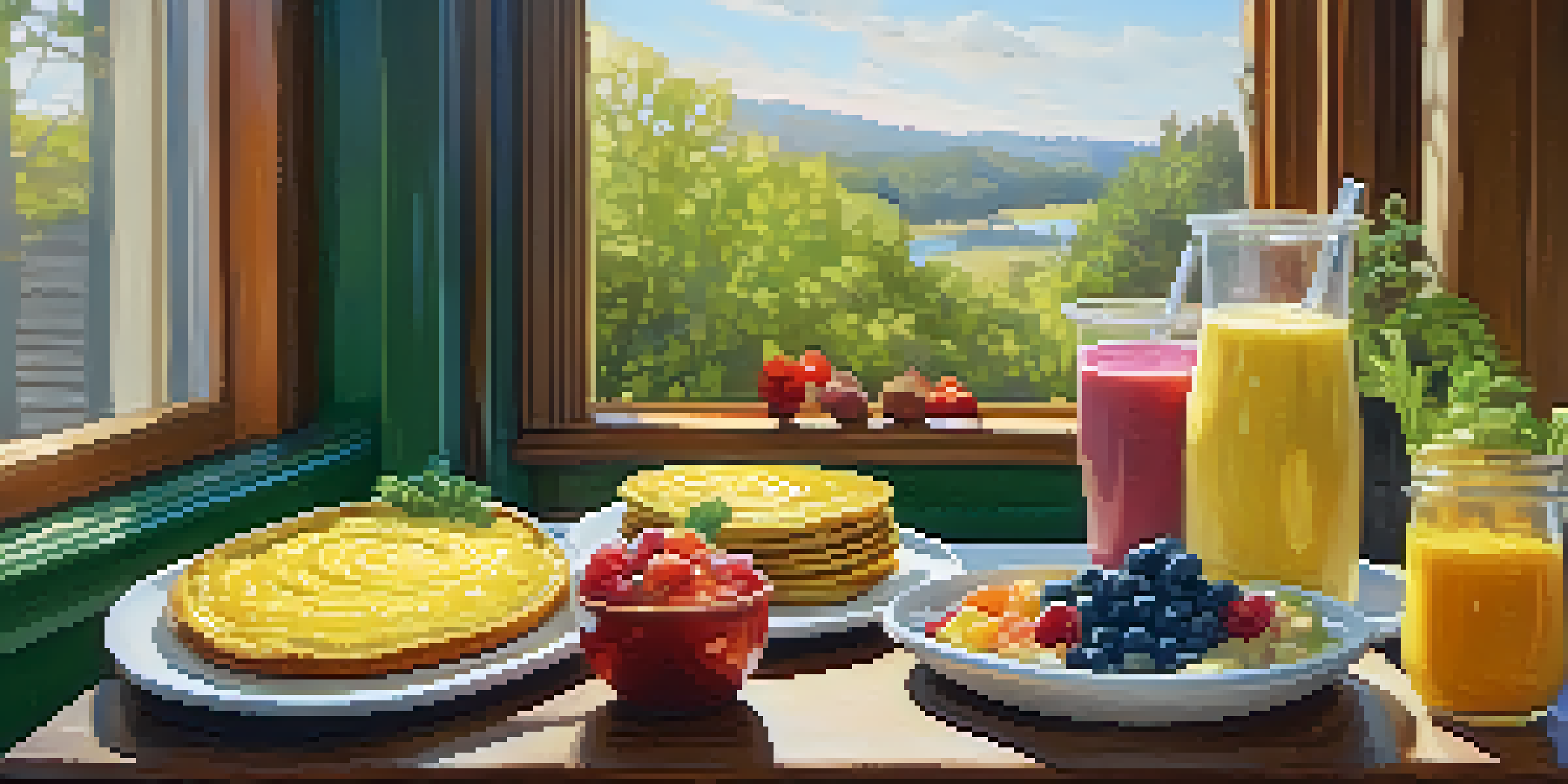 A cozy breakfast scene showcasing fresh organic dishes, including a veggie omelet and smoothie, in a brightly lit cafe.