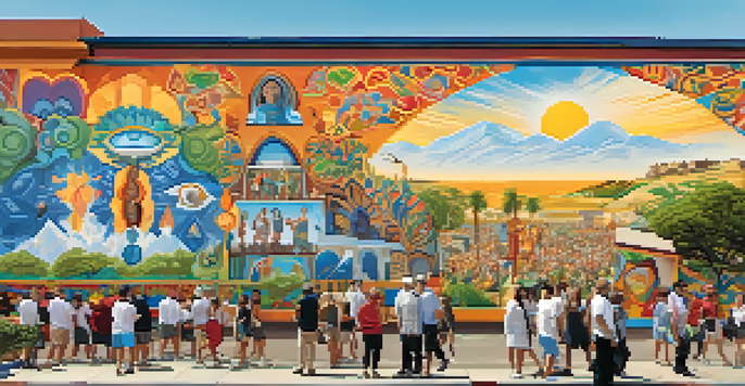 A colorful mural highlighting cultural diversity in Carlsbad, with people admiring the artwork against a bright sky.