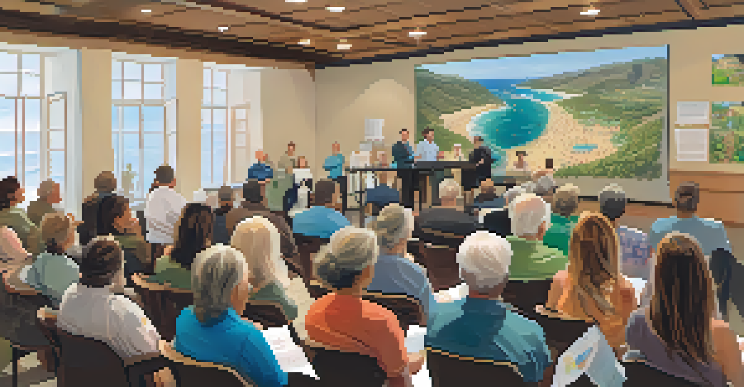 A town hall meeting with residents discussing environmental issues, showing a diverse group of people with signs and a large map of Carlsbad's coastline in the background.