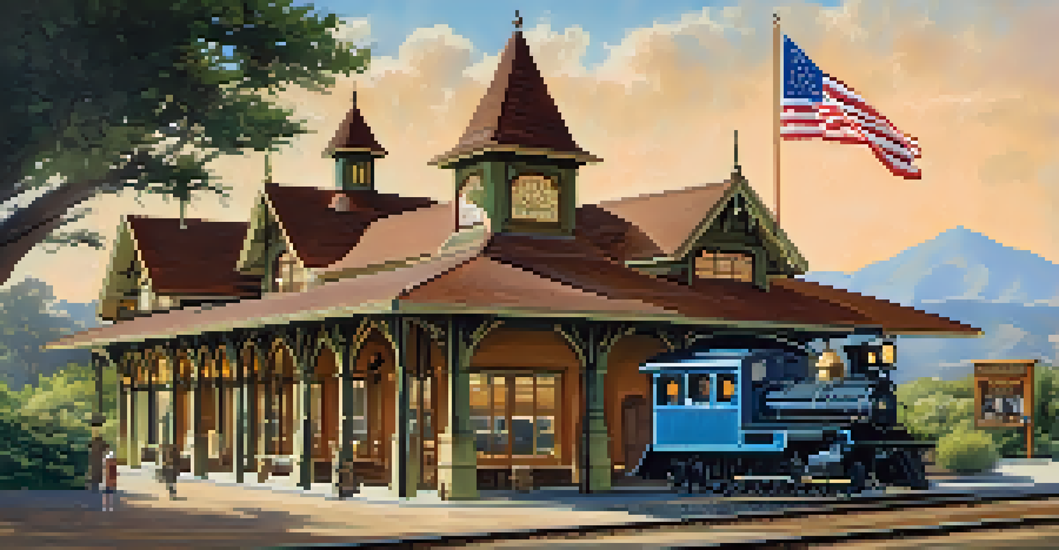 The historic Carlsbad Depot train station surrounded by greenery, showcasing vintage train memorabilia.