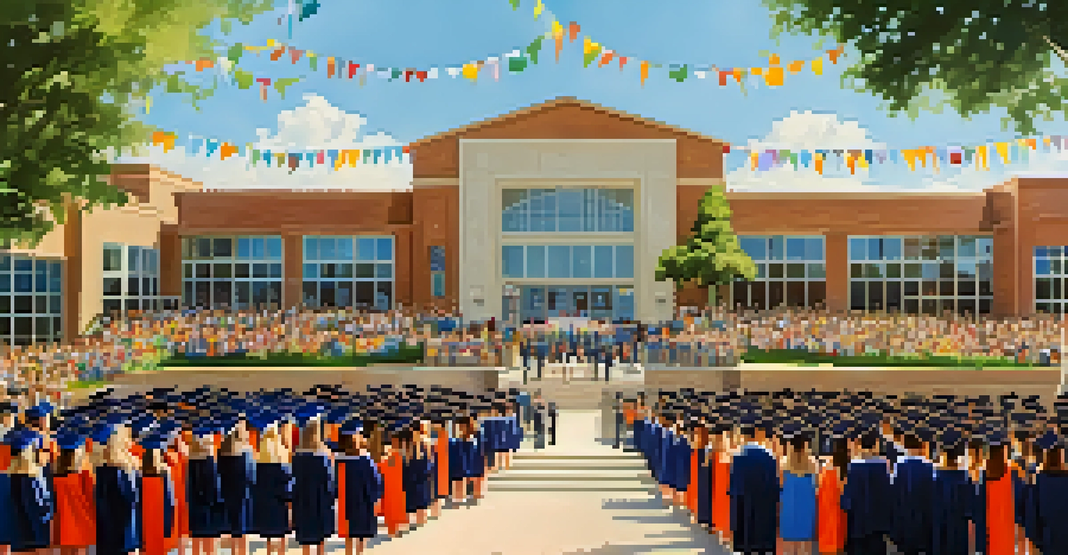 Graduates in caps and gowns celebrating at a high school graduation ceremony, with families watching in a sunny outdoor setting.
