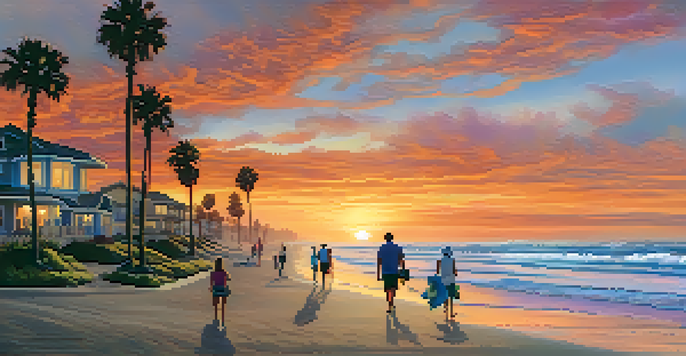 A beautiful sunset over the ocean in Carlsbad, California, with waves on the beach and palm trees, capturing the essence of community.