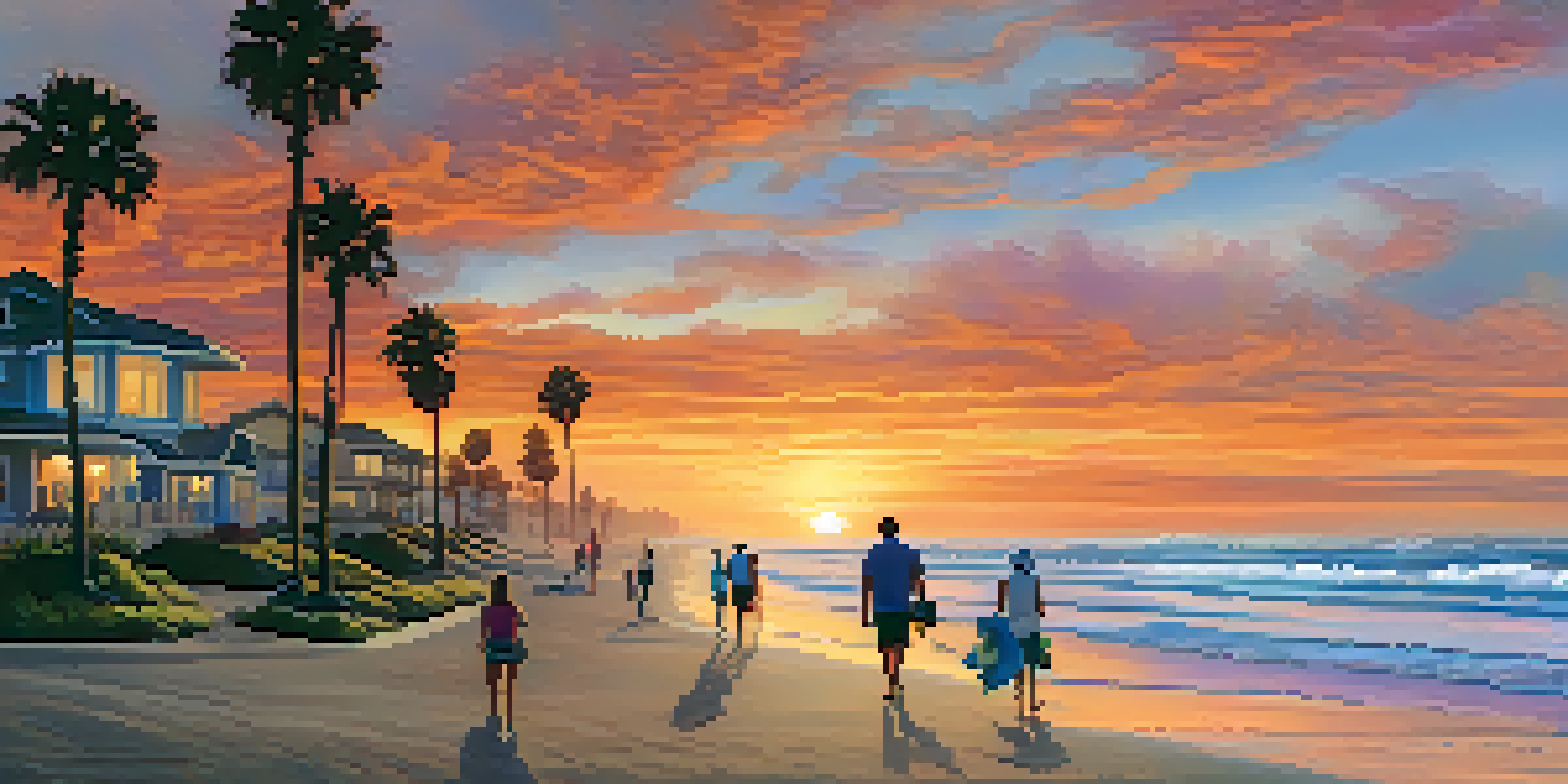 A beautiful sunset over the ocean in Carlsbad, California, with waves on the beach and palm trees, capturing the essence of community.