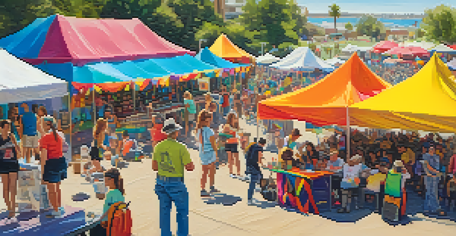 A bustling community arts festival in Carlsbad with art tents, musicians, and families enjoying interactive workshops.