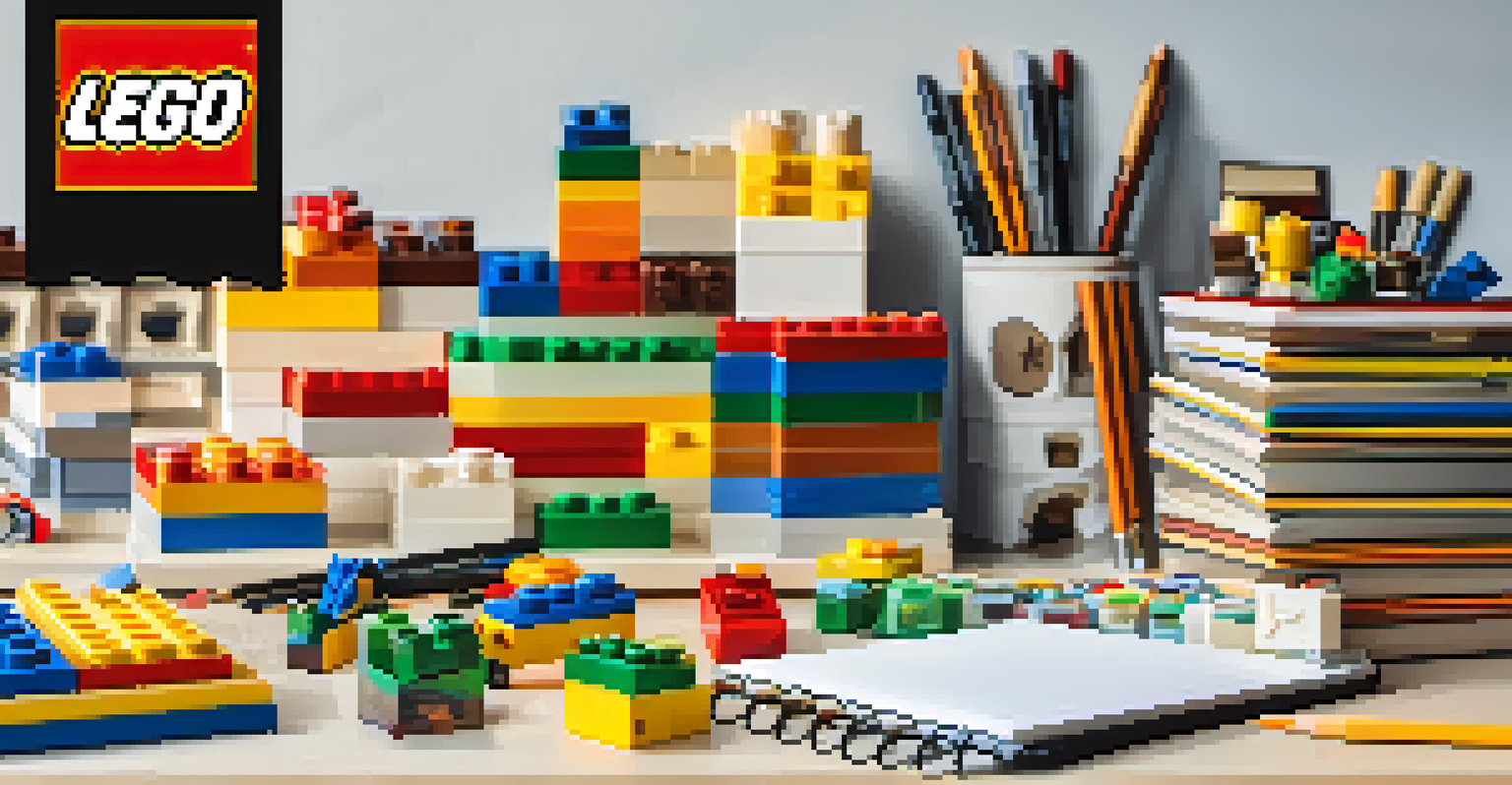 A collection of Lego-themed stationery items, including notebooks and pens, arranged on a desk.